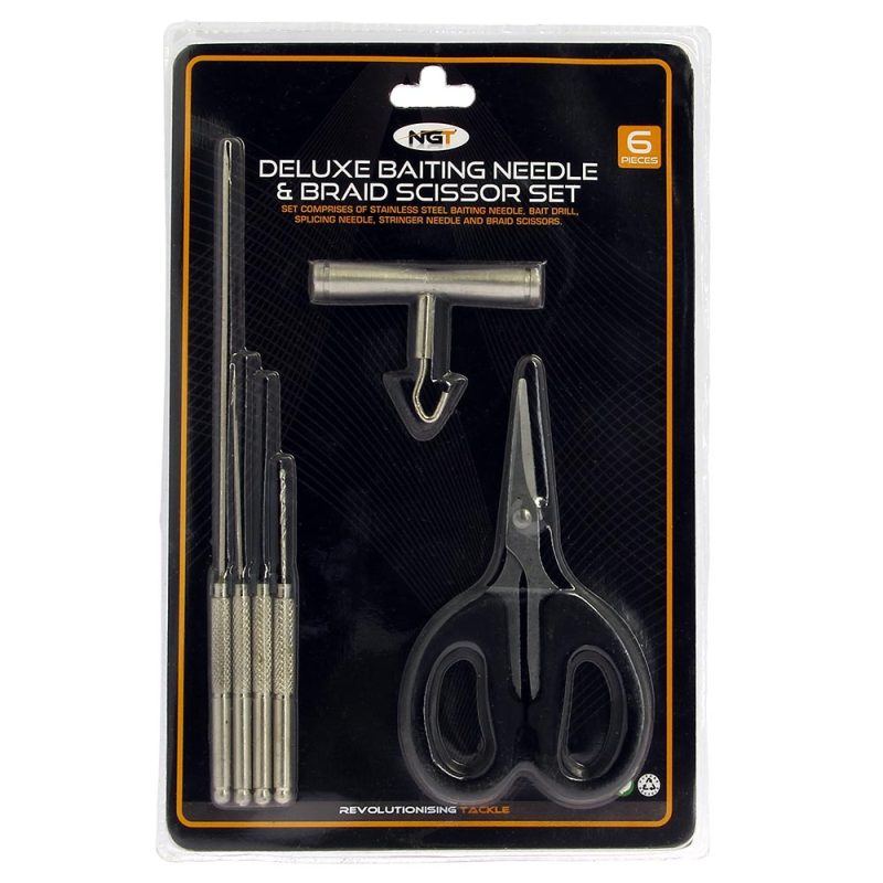 NGT 6pc Stainless Tool Set - 4 Needles, Braid Scissors and Knot Puller